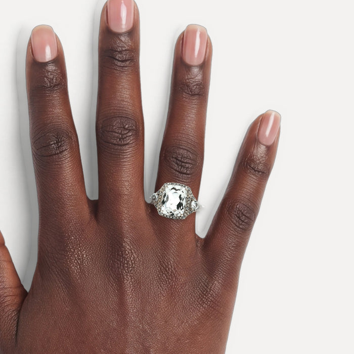 Large Cushion Cut Quartz & CZ Halo Ring in Sterling Silver shown on a hand (deep skin tone)