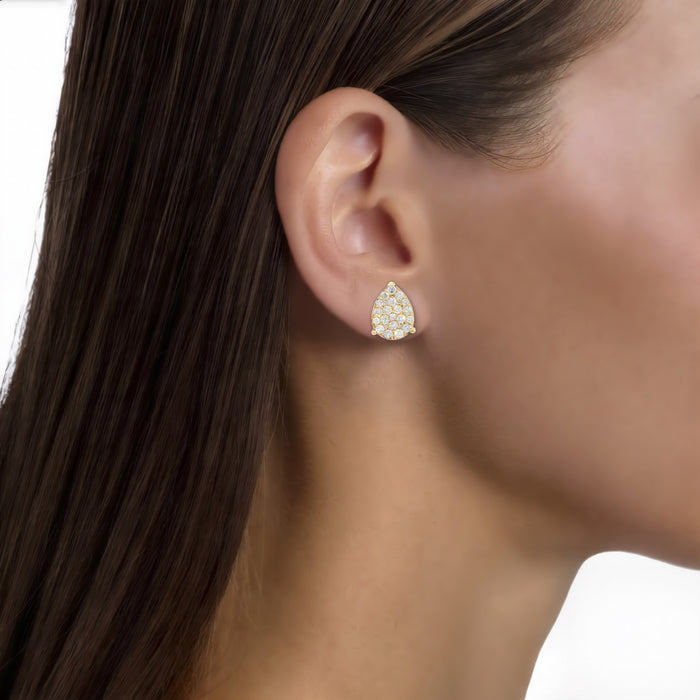 Nearly Flawless Colorless Diamond Cluster Teardrop Earrings (2 ct. tw.) in 14k Rose Gold shown on the ear (medium skin tone)
