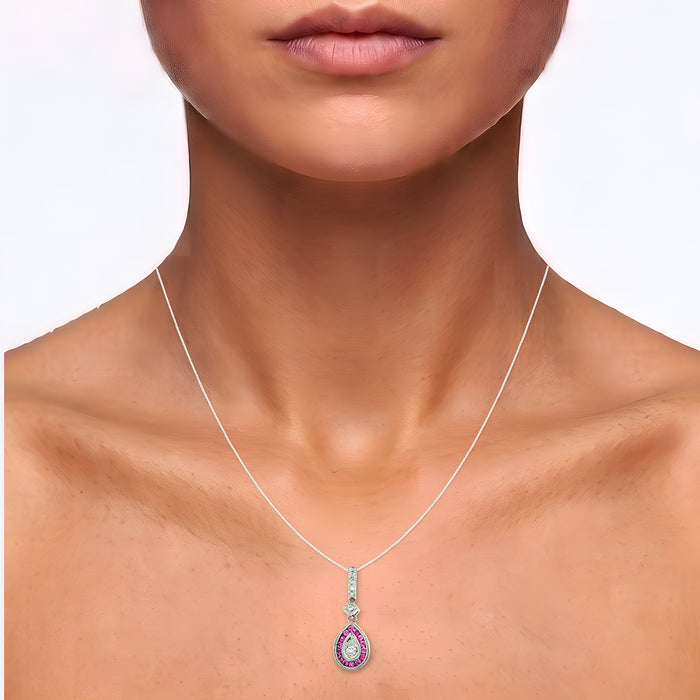 Vivid Pink Sapphire Colorless Nearly Flawless Halo Drop Diamond Pendant Necklace (⅝ ct. tw.) in 14k White Gold shown on the neck (medium skin tone)