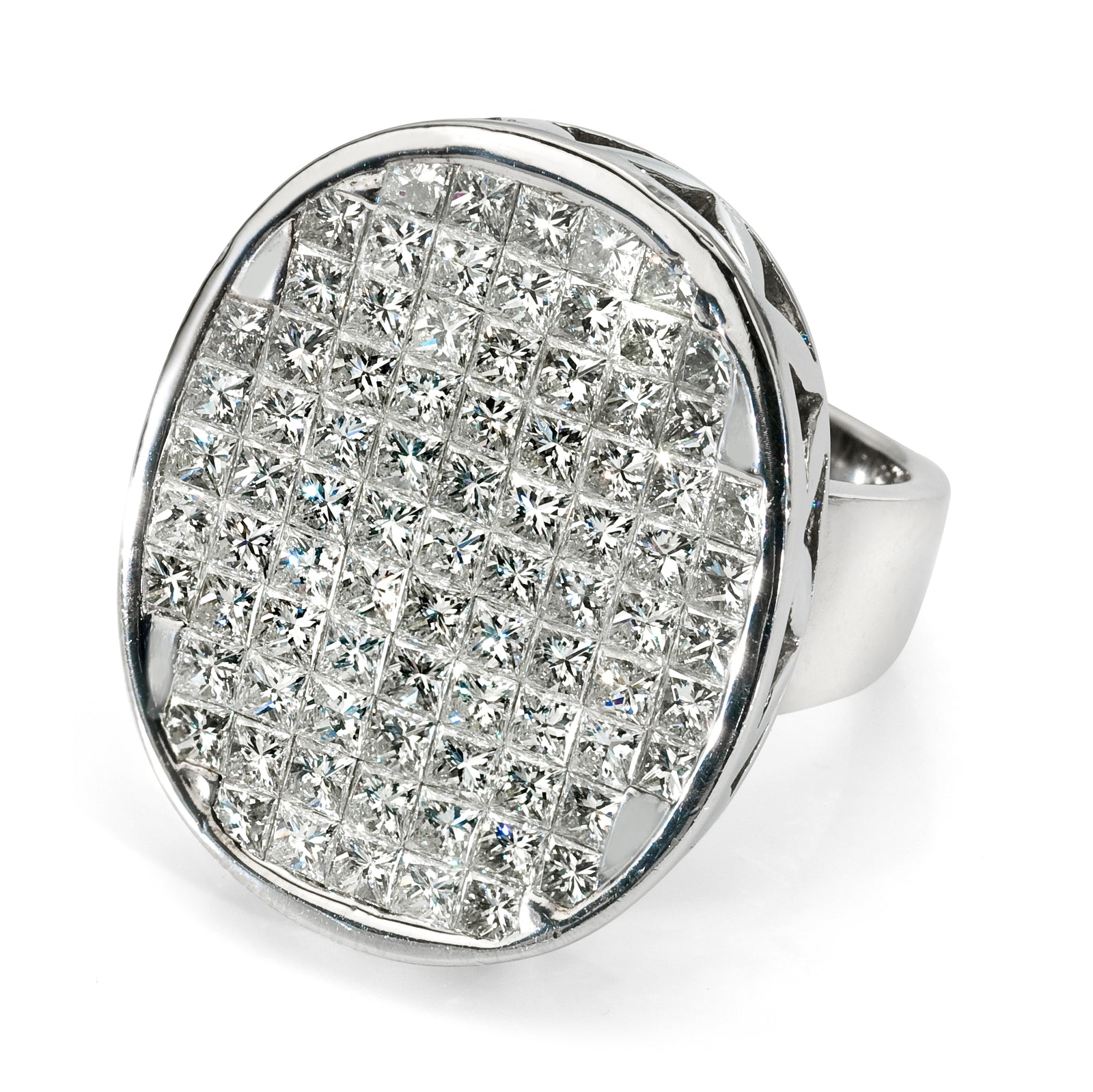 Men's oval white gold ring with pavé set square diamonds, luxury jewelry