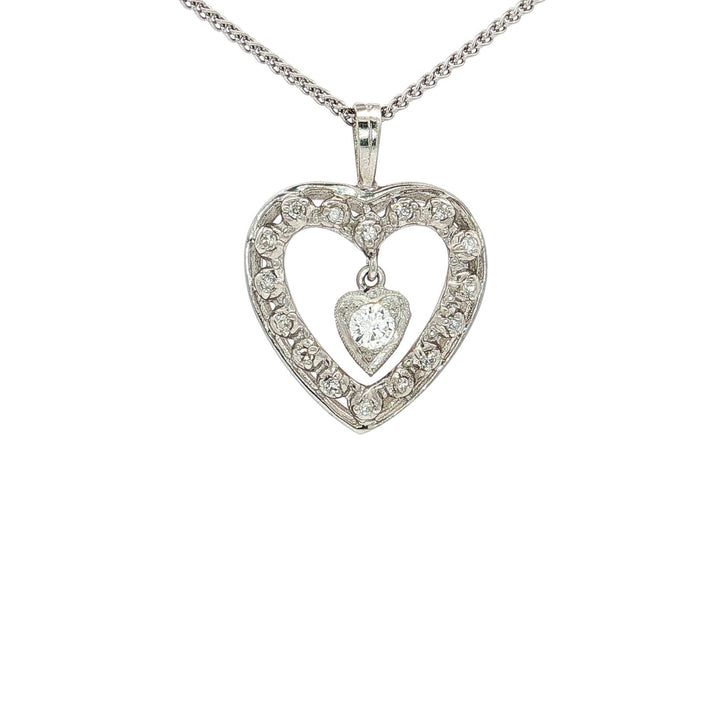 0.25 CTW Natural Round Brilliant Cut Near Colorless Diamonds in an Open Heart Pendant with a Small Dangling Heart Inside in 14kt White Gold – Jewelry Depot, Inc.
