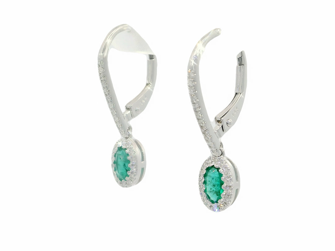 1.10 CTW Grade AAA Natural Emerald & Diamond Drop Earrings in 14KT White Gold