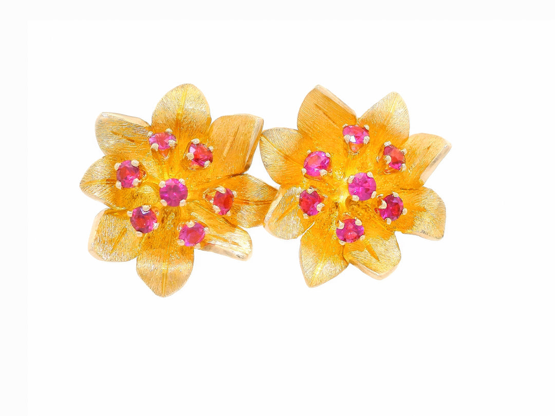 0.50 CTW Ruby Floral Stud Earrings in 14KT Yellow Gold
