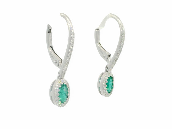 1.10 CTW Grade AAA Natural Emerald & Diamond Drop Earrings in 14KT White Gold