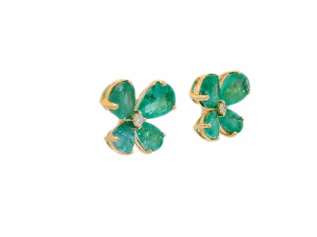 2.04 CTW Natural Emerald & Diamond Butterfly Stud Earrings in 14KT Yellow Gold