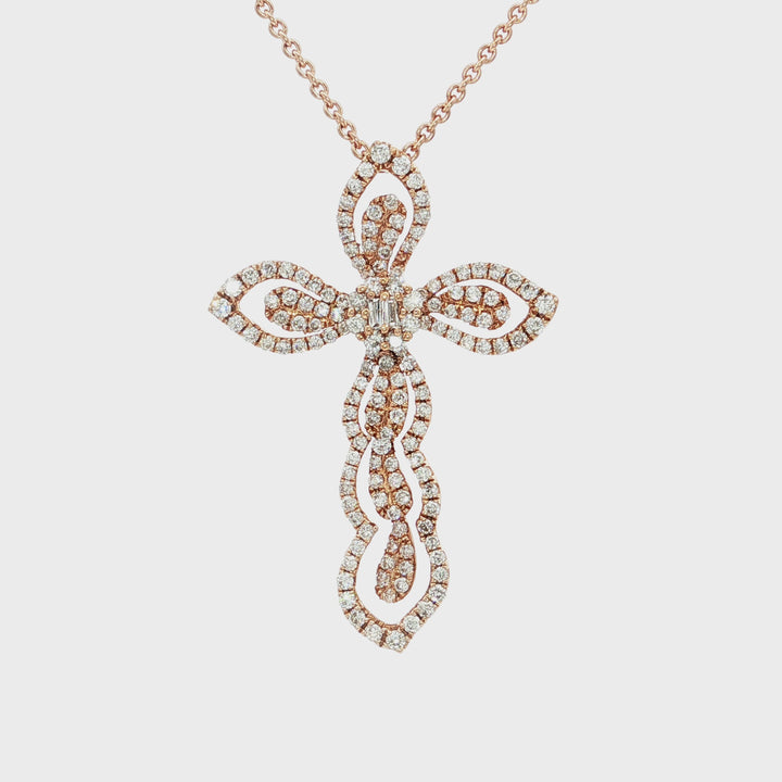 0.57 CTW Natural Diamond Cross Pendant Necklace on a Round Cable Chain in 18kt Rose Gold