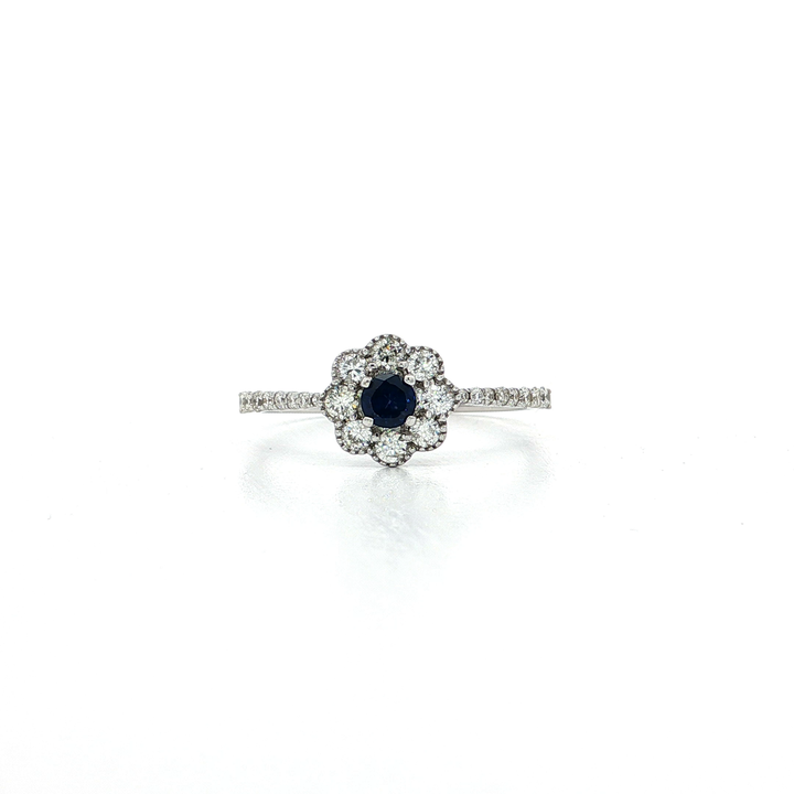 0.36 CTW Natural Diamond & 0.16 CTW Deep Blue AAAA Grade Natural Sapphire Flower Ring in 14kt White Gold