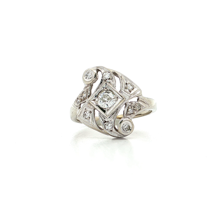 0.55 CTW Antique Style Natural Diamond Cocktail Ring in 14kt White Gold