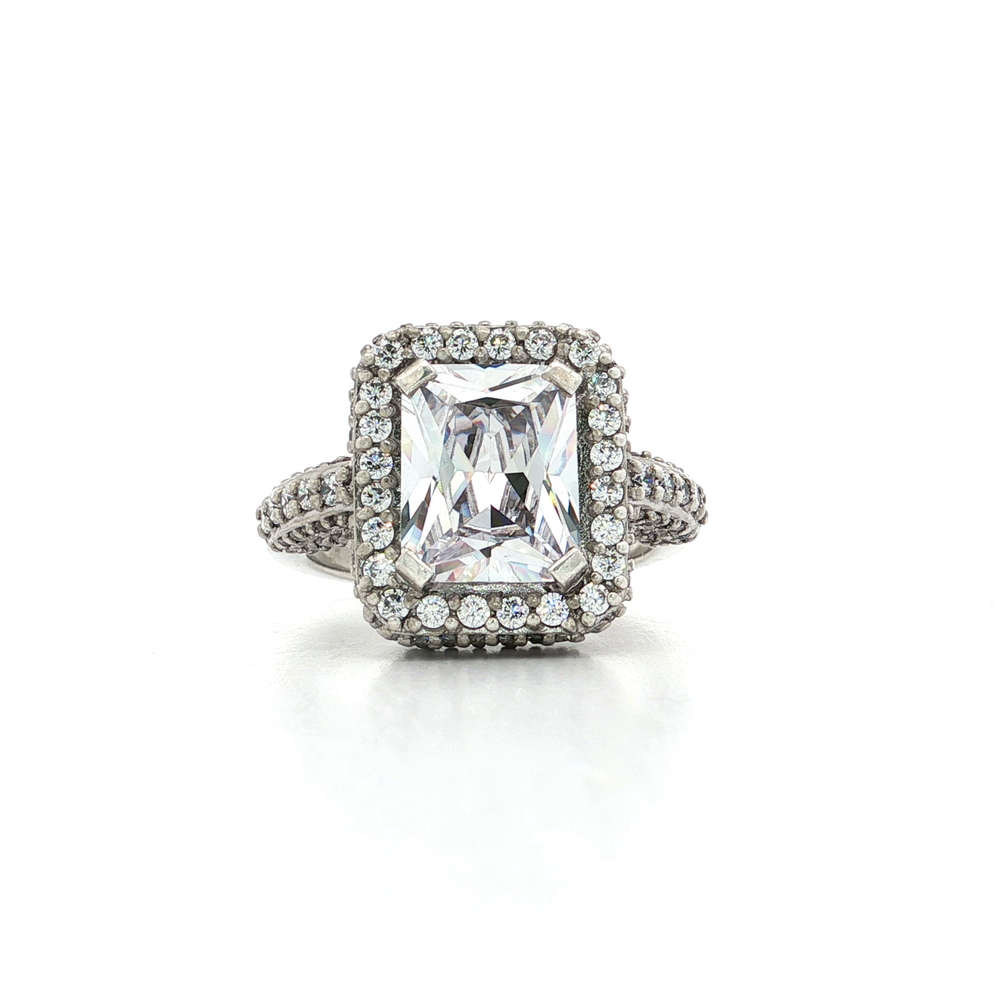 CZ Halo Engagement Ring Sterling Silver