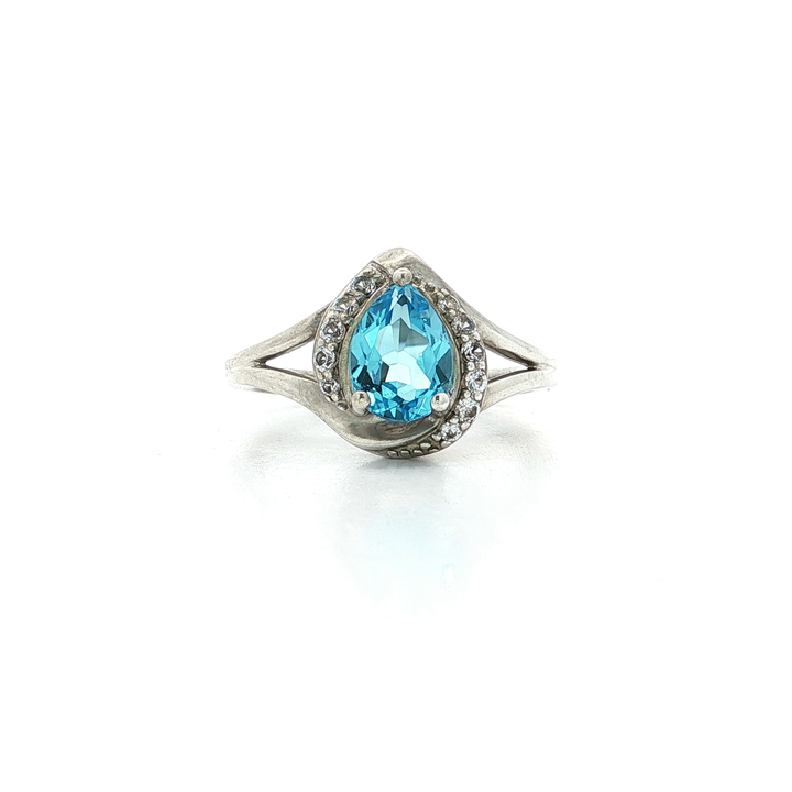 Pear Shape Aquamarine Blue CZ Halo Ring in Sterling Silver