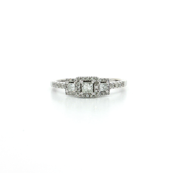 0.50 CTW Natural Princess & Round Brilliant Cut Diamond Past Present Future Ring with Halos in 14kt White Gold