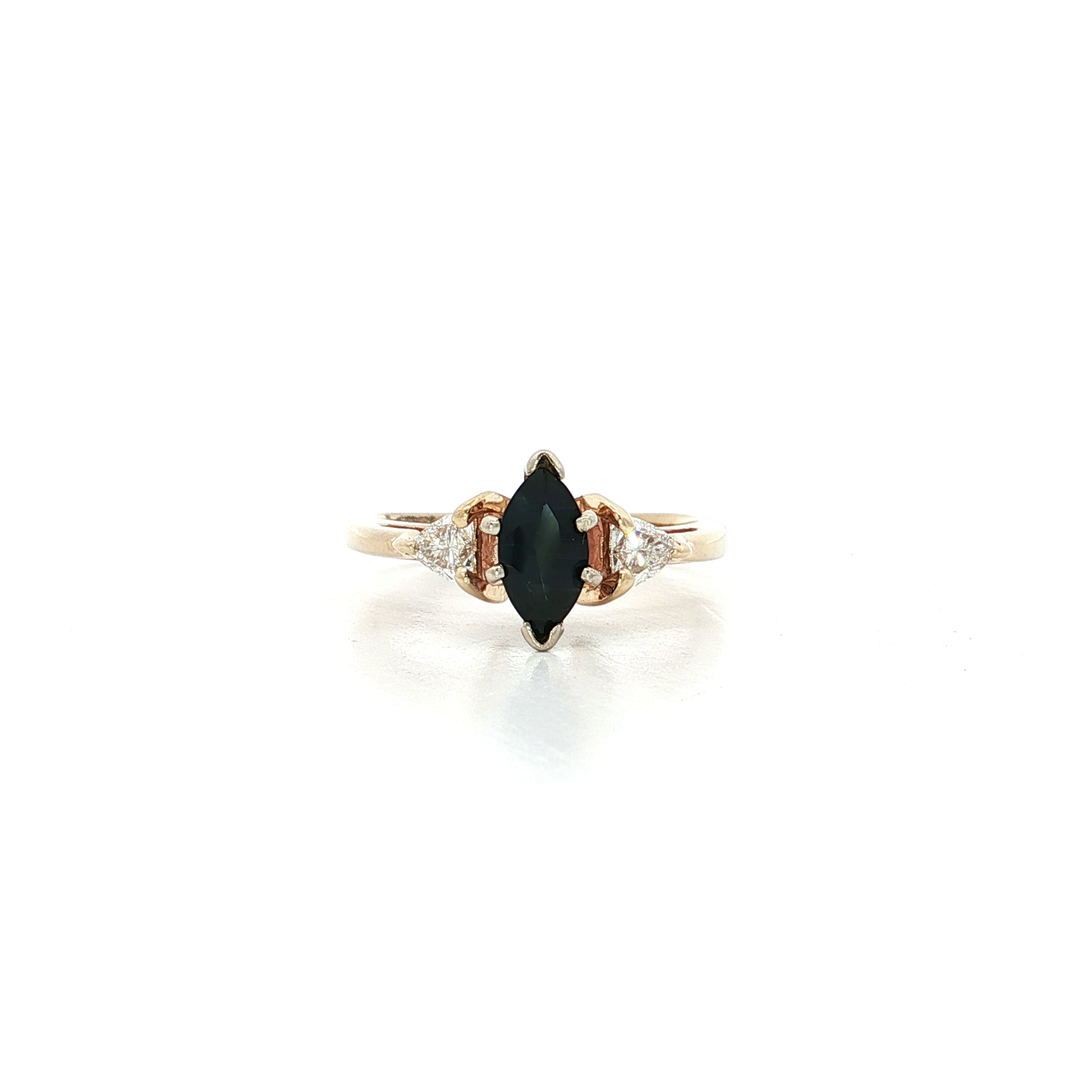 0.90 CTW Natural AAA Grade Marquise Cut Sapphire & Trillion Cut Near-Colorless Diamond Ring in 14kt Yellow Gold