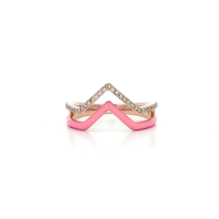 0.16 CTW Natural Round Brilliant Cut Near-Colorless Diamonds Pavé-set in a Chevron Style Ring With Pink Enamel in 14kt Rose Gold