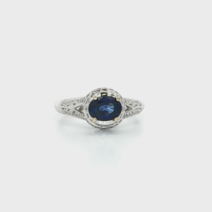 1.95 CTW Oval Cut Natural AAAA Grade Sapphire & Colorless Diamond Pavé Ring in 18kt White Gold