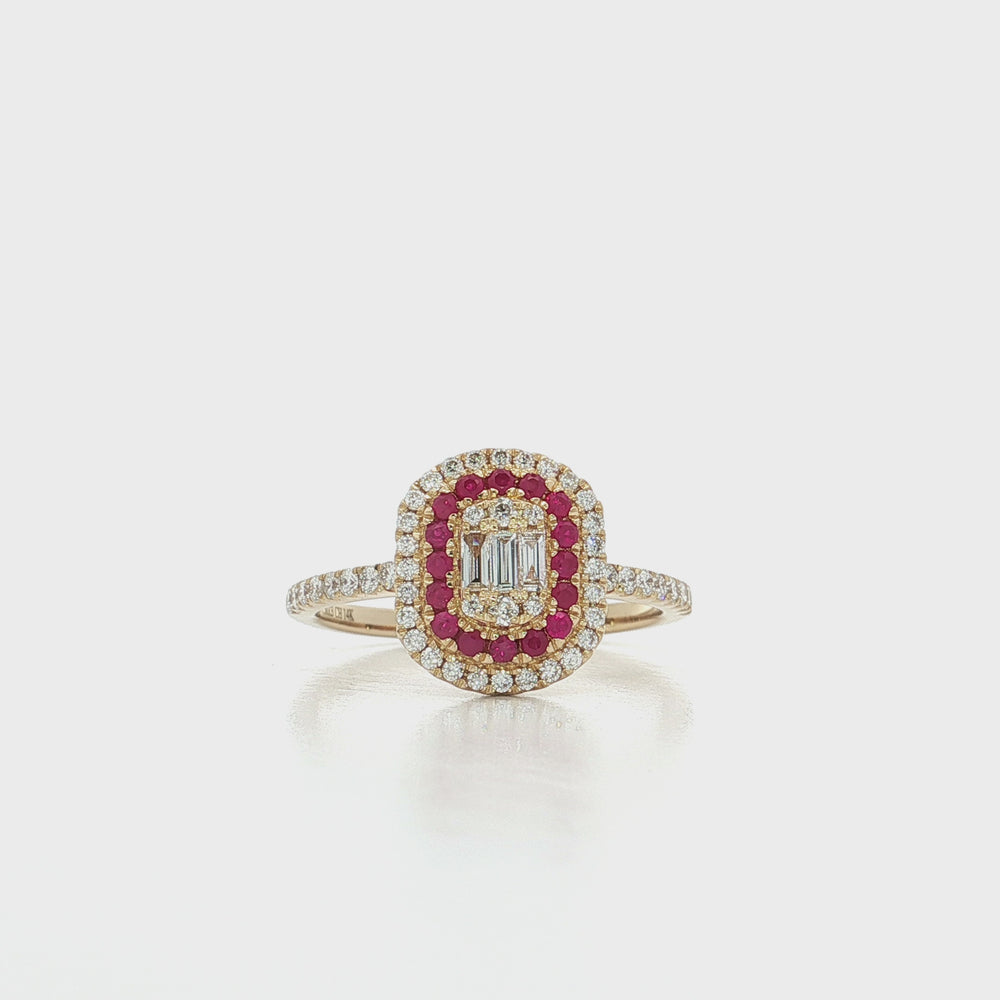 Round Ruby & Diamond Double Halo Ring 14k Yellow Gold