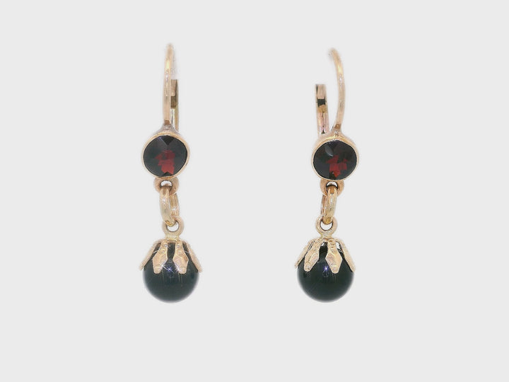 0.78 CTW Natural Garnet & Onyx Dangle Earrings in Yellow Gold