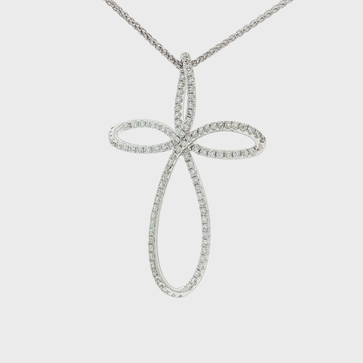 2.00 CTW Colorless & Nearly Flawless Natural Pavé Diamond Bow-Shaped Cross Pendant Necklace in 18kt White Gold