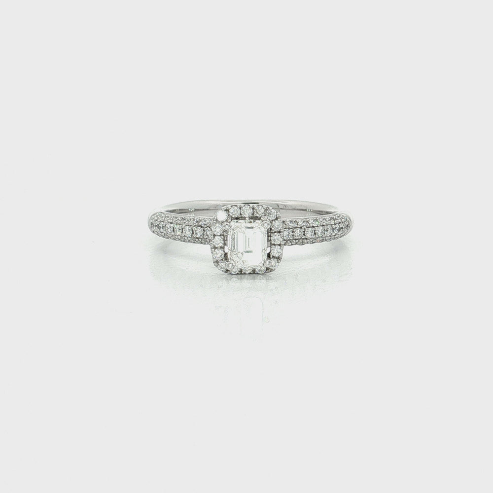 Halo Near-Colorless Emerald-Cut Diamond Engagement Ring 18k White Gold