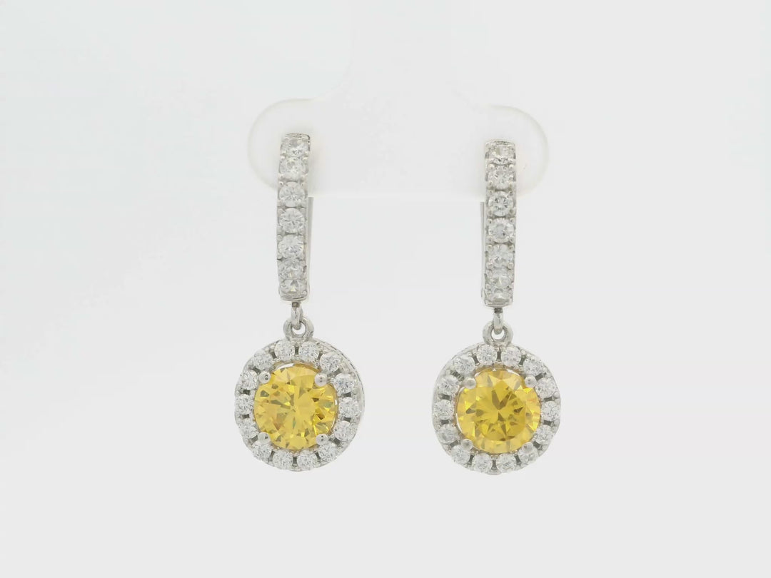 CZ Yellow Diamond Dangling Earrings in White Gold Plated Sterling Silver