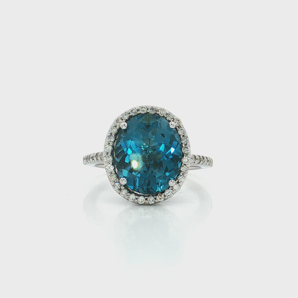London Blue Topaz & Diamond Halo Ring 14k White Gold