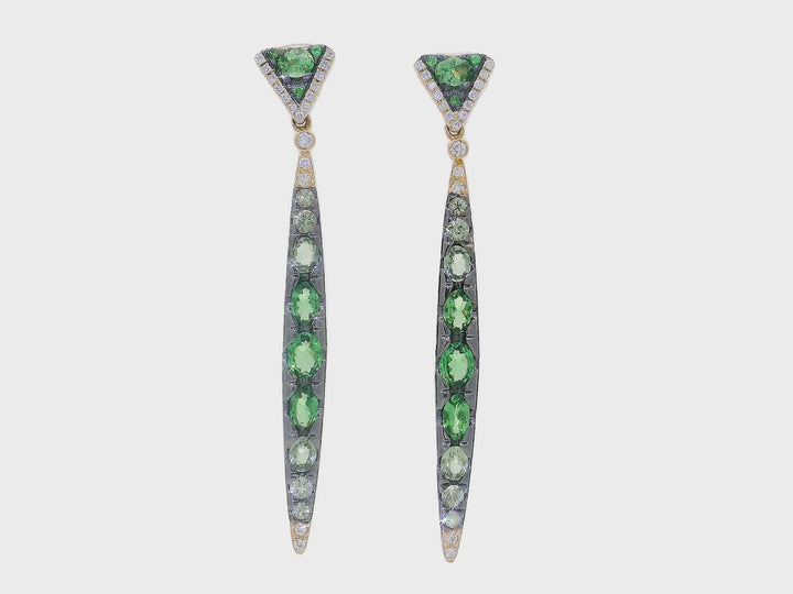 5.39 CTW Natural Green Garnet & Diamond Gradient Dangle Earrings in 18KT Yellow Gold