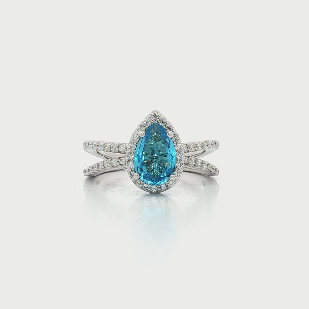 Pear London Blue Topaz & Diamond Halo Ring 14k White Gold