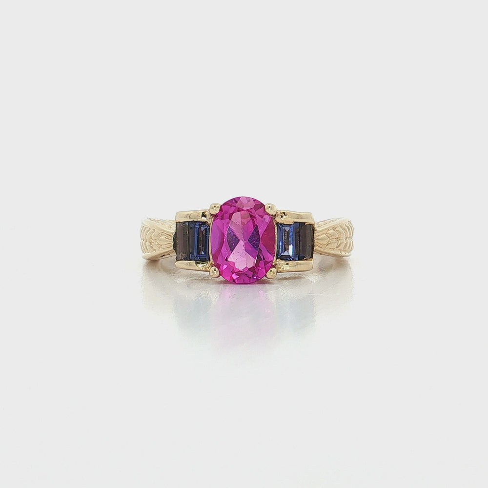Vintage Oval Vivid Pink Topaz Amethyst Ring in 10k Yellow Gold
