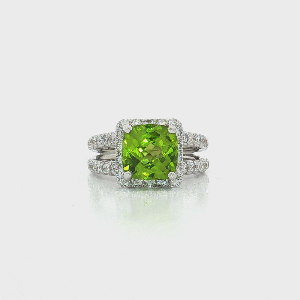 Cushion Vivid Peridot Diamond Halo Ring 18k White Gold