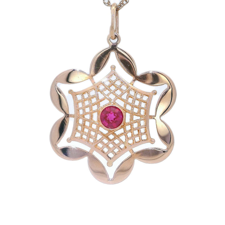 1.00 CTW AAA Grade Natural Ruby Floral Lattice Pendant Necklace in 14kt Rose Gold