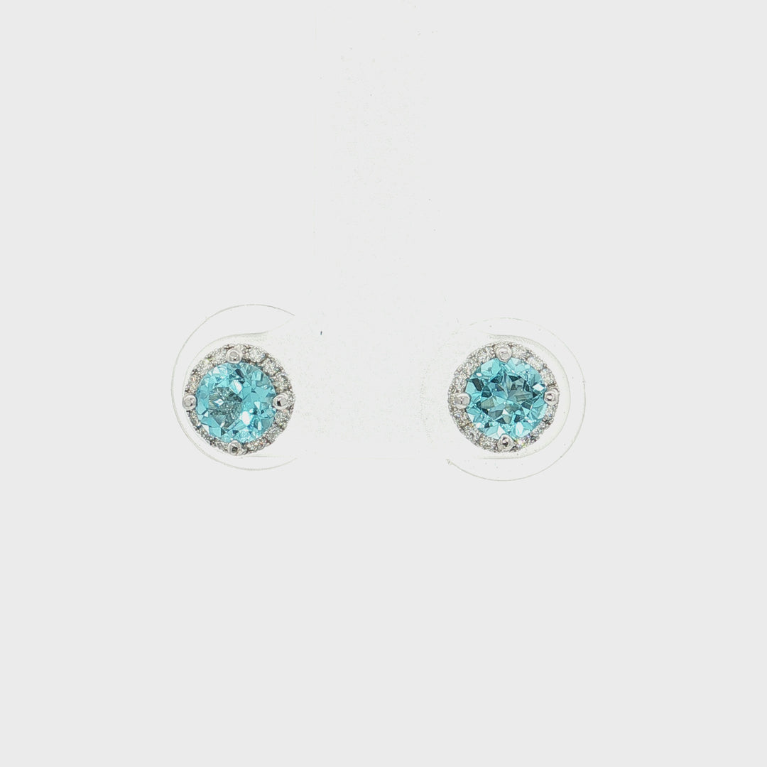 1.35 CTW Natural Blue Grade AAAA Tourmaline & Colorless Nearly Flawless Diamond Halo Earrings in 18kt White Gold