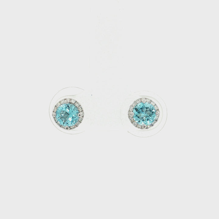 1.35 CTW Natural Blue Grade AAAA Tourmaline & Colorless Nearly Flawless Diamond Halo Earrings in 18kt White Gold