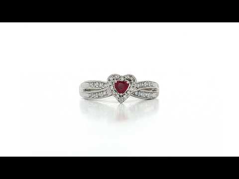 Video of Heart Shaped Deep Red Ruby Near-Colorless Halo Diamond Ring (1 ct. tw.) in 10k White Gold